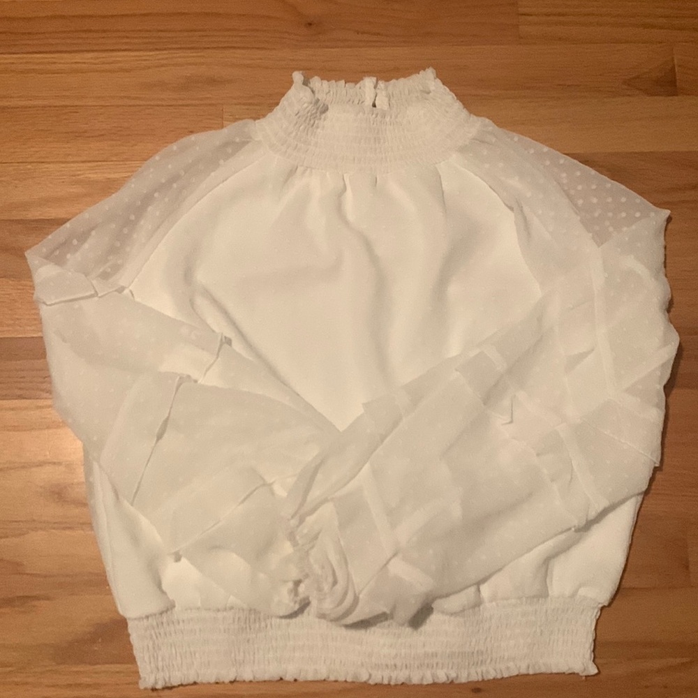 Boutique white blouse! Sheer sleeves white polka dot on white. Brand new!